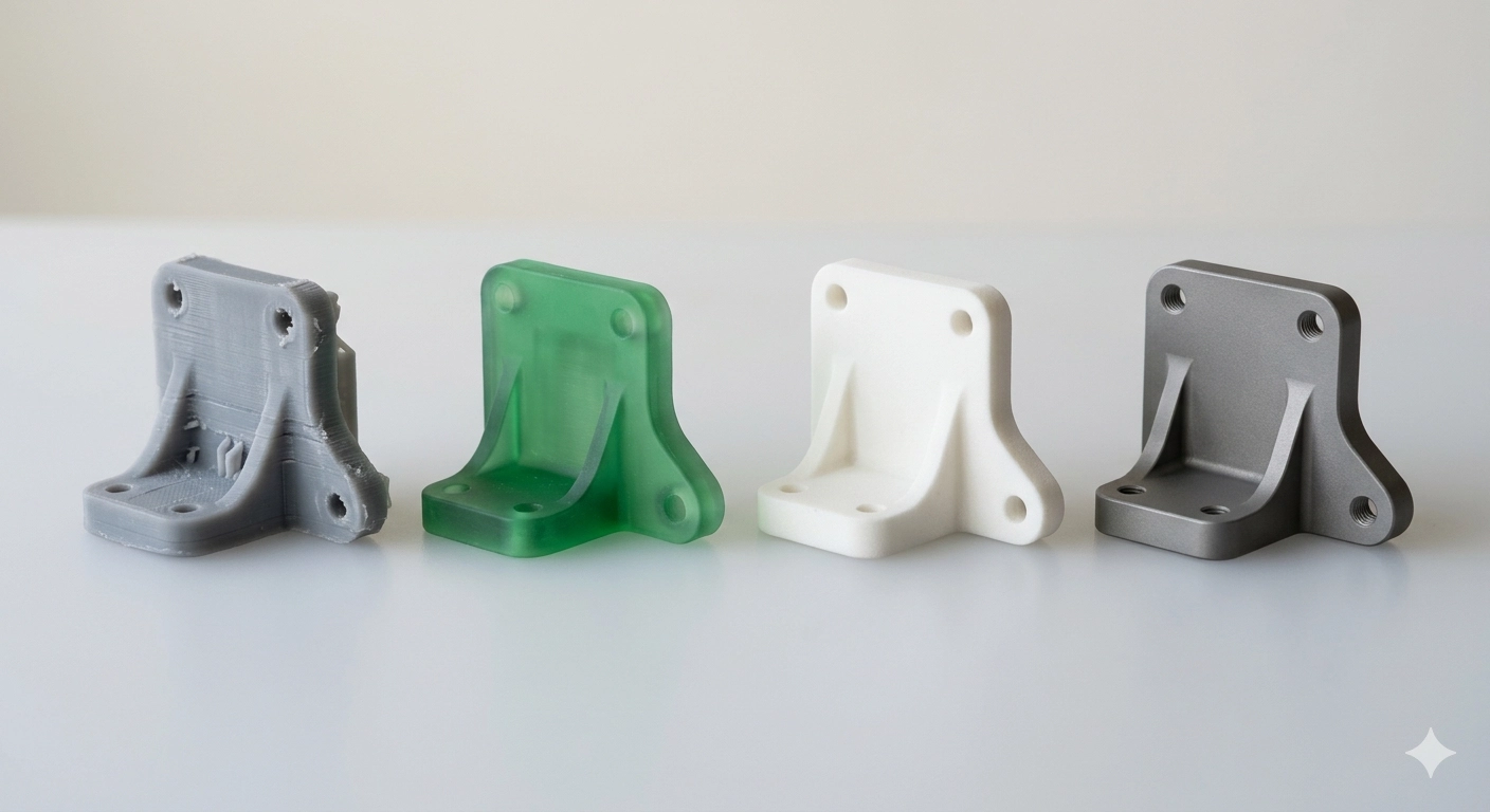 four 3d printed parts arranged in sequence