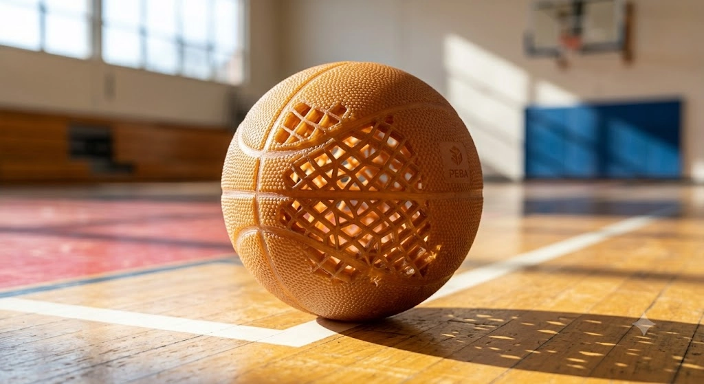 full peba 3d printed airless basketball on court