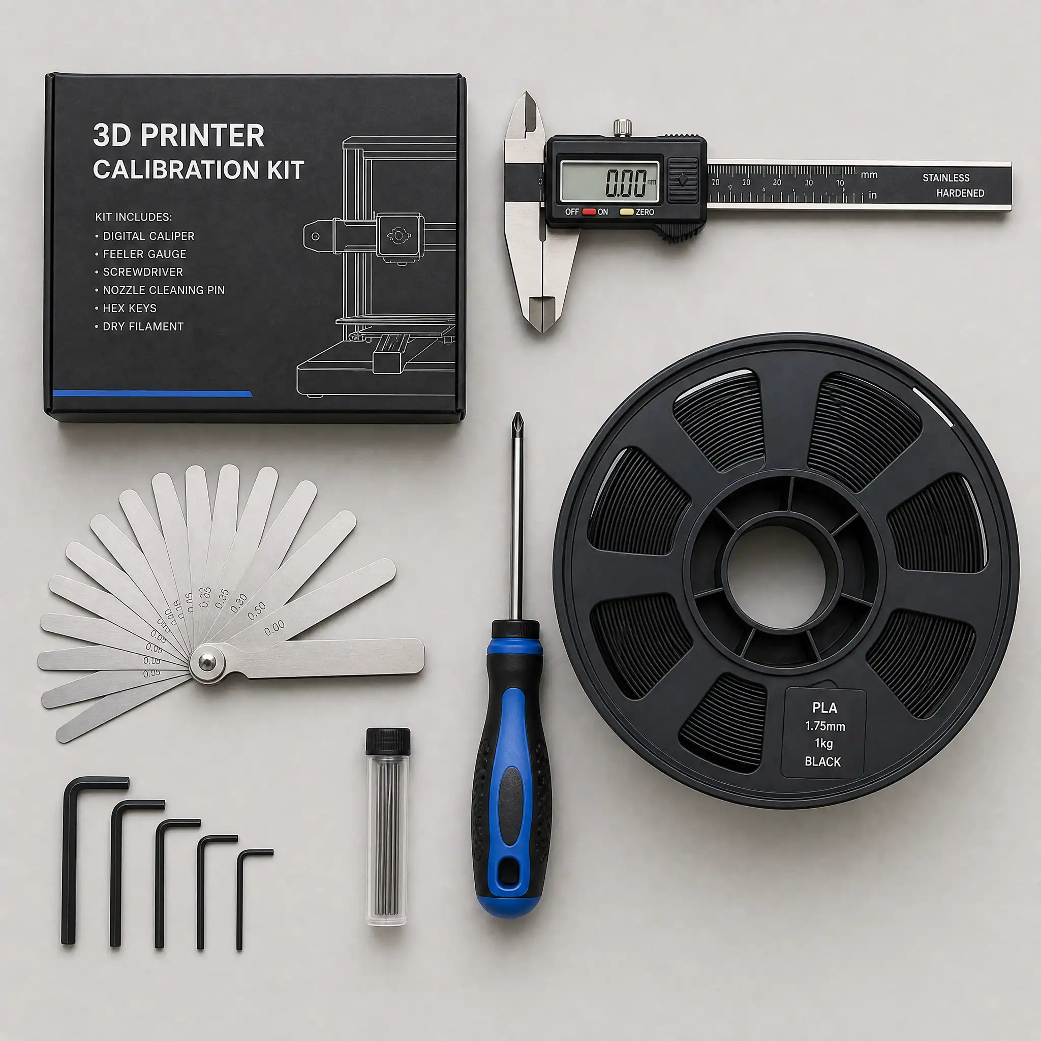essential tools to calibrate a 3d printer flat lay